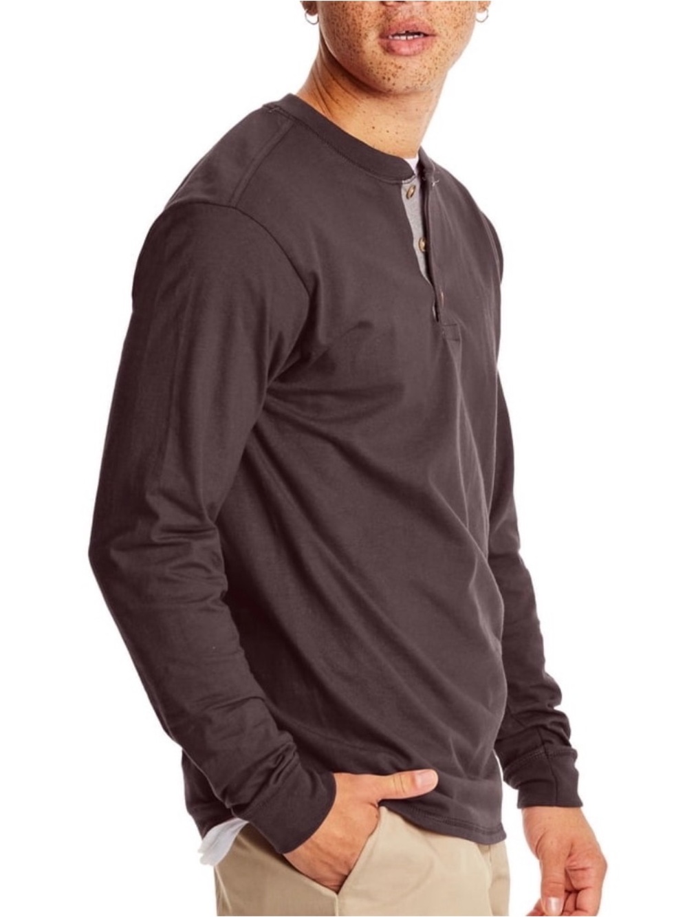 Hanes Men's Long-Sleeve Henley Shirt Beefy-T pure cotton 3 button XL - Brown EUC